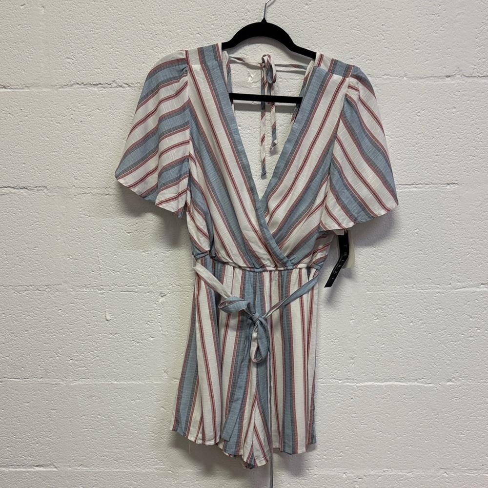 Trixxi Blue and Red Striped V-Neck Romper